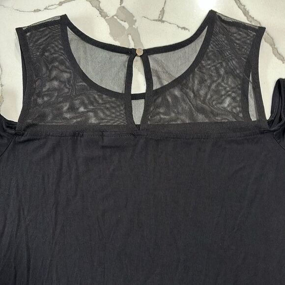 Tahari | Women’s Keyhole Black Button Semi Sheer Cold Shoulder Blouse Shirt - Picture 4 of 13